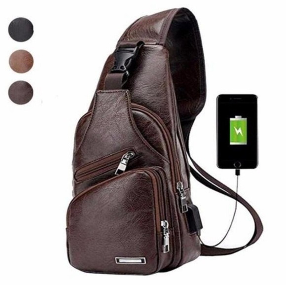 Men's Leather Sling Bag Messenger Bag Chest Crossbody Shoulder Bag Small - Picture 1 of 7